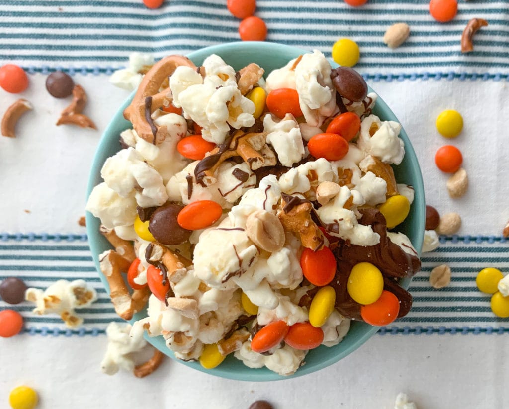 Chocolate Covered Popcorn With Candy, Pretzels and Peanuts