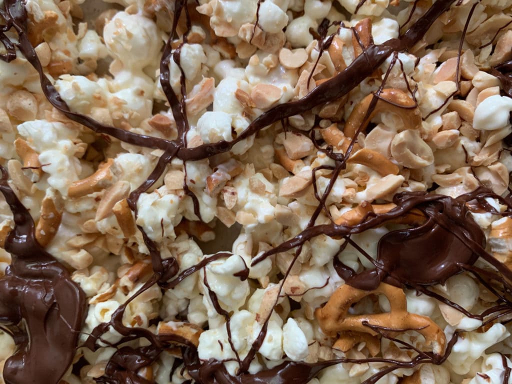 Chocolate Drizzled Popcorn With Peanuts and Pretzels
