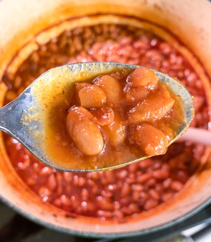 A spoonful of baked beans. The liquid will thickens as it cools.