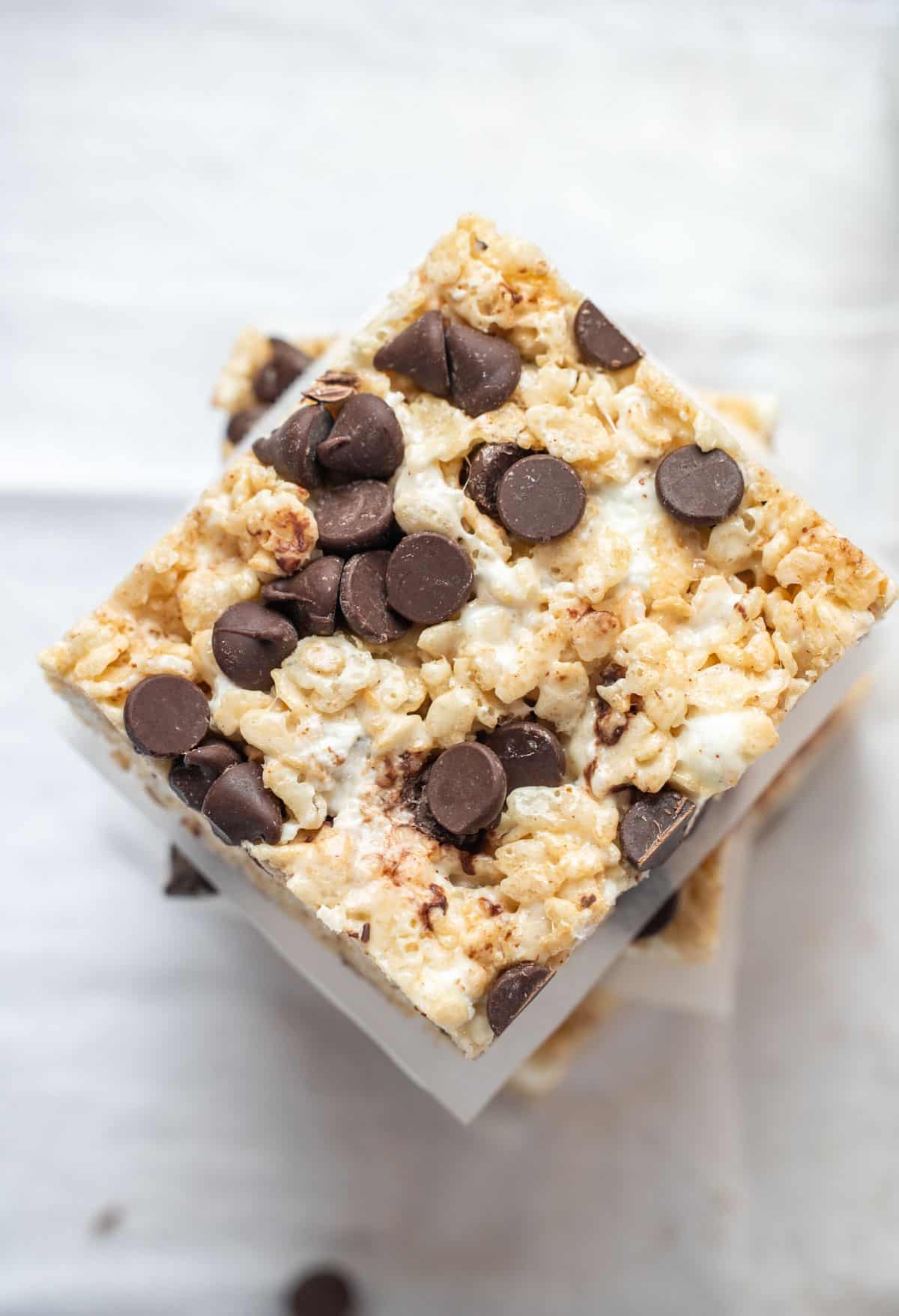 A Rice Krispie Square with brown butter, marshmallows and chocolate chips