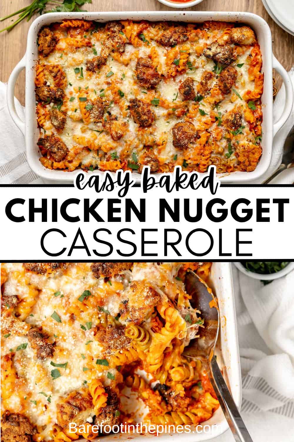 A Chicken Parmesan Casserole in a white dish, topped with melted cheese and herbs, sits alongside pasta and a serving spoon for a comforting baked meal.