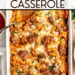 A Chicken Parmesan Casserole with rotini pasta, tomato sauce, melted cheese, and herbs baked together in a white dish, viewed from above.