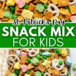 A colorful St. Patricks Day Snack Mix featuring cereal squares, pretzels, green candies, and marshmallows in clover and rainbow shapes—perfect for kids to enjoy during the festivities.