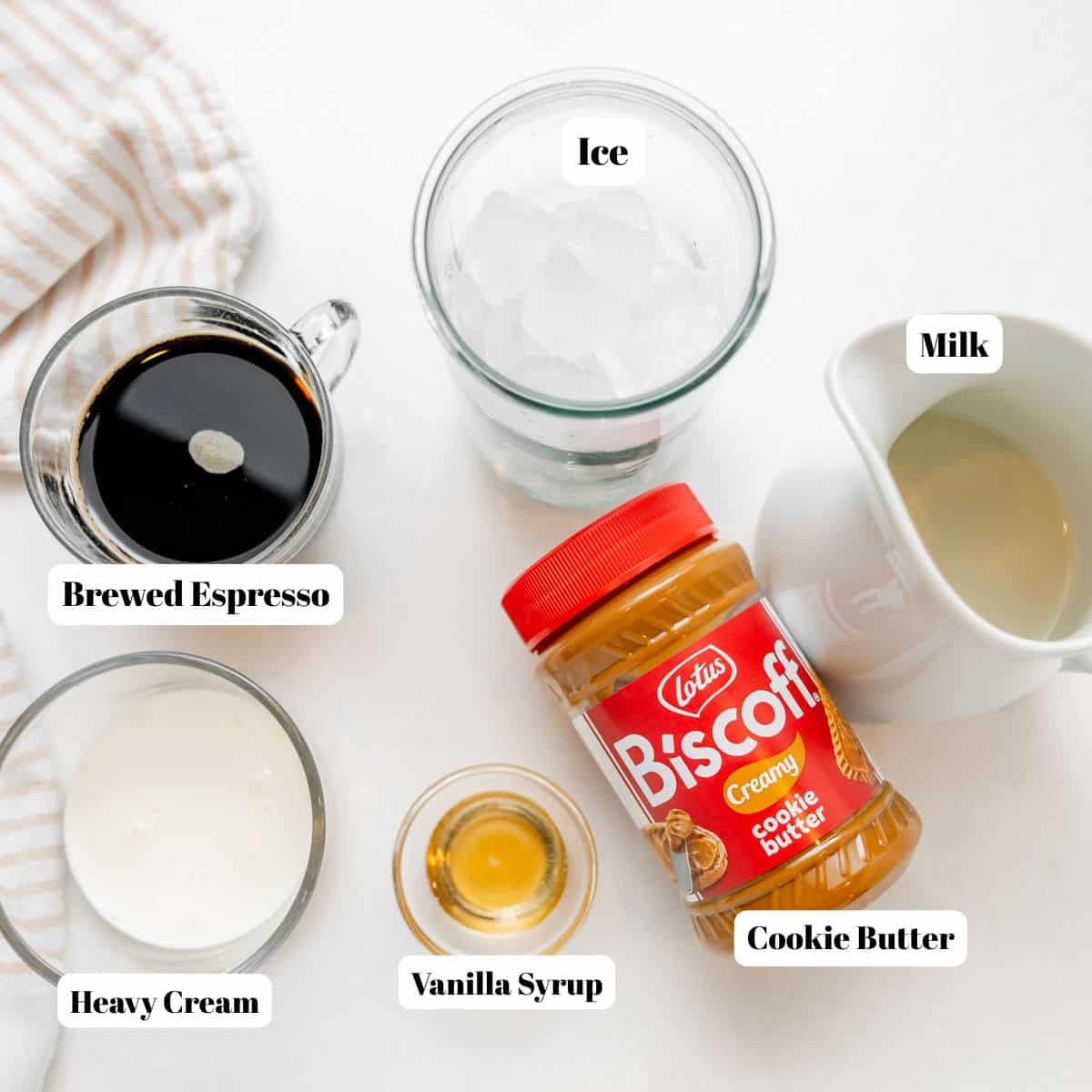 Overhead view of ingredients for a drink: brewed espresso, ice, milk, heavy cream, vanilla syrup, and a jar of Biscoff cookie butter on a white surface.