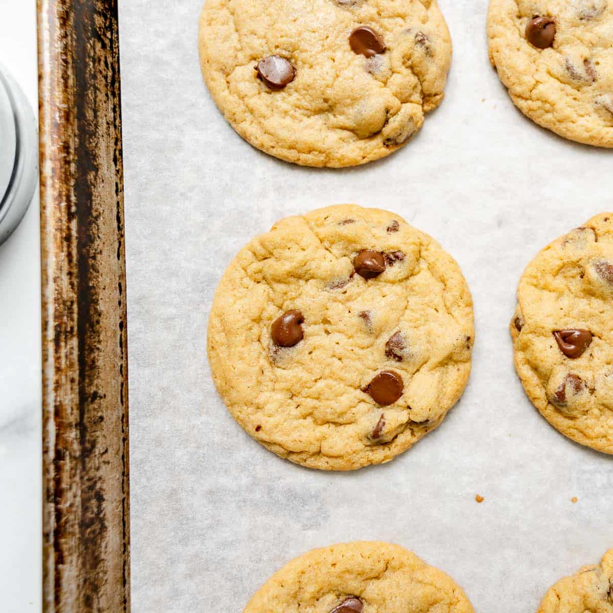 Chocolate chip cookies on a parchment-lined baking sheet, freshly baked and spaced apart.