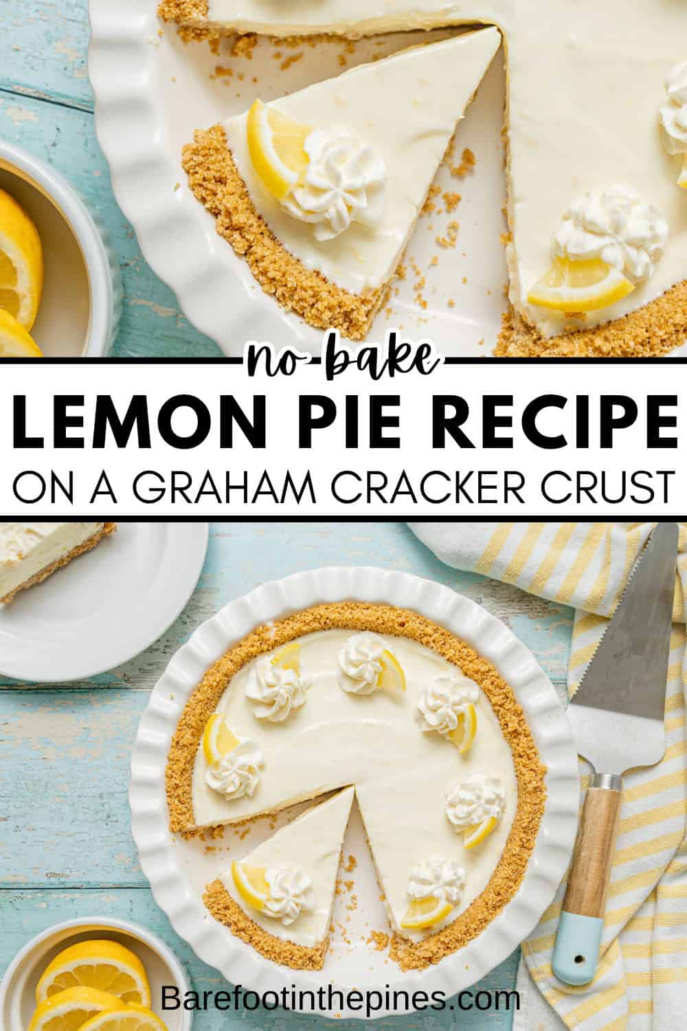 A classic Lemon Icebox Pie with a graham cracker crust, topped with whipped cream and lemon slices, sits on a table next to a plate holding a slice and fresh lemon wedges.