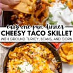 Enjoy this Taco Skillet: a savory blend of ground turkey, beans, and corn smothered in cheese, all cooked together in one skillet. Topped with sour cream and fresh cilantro, it's served alongside crispy tortilla chips for the perfect meal.