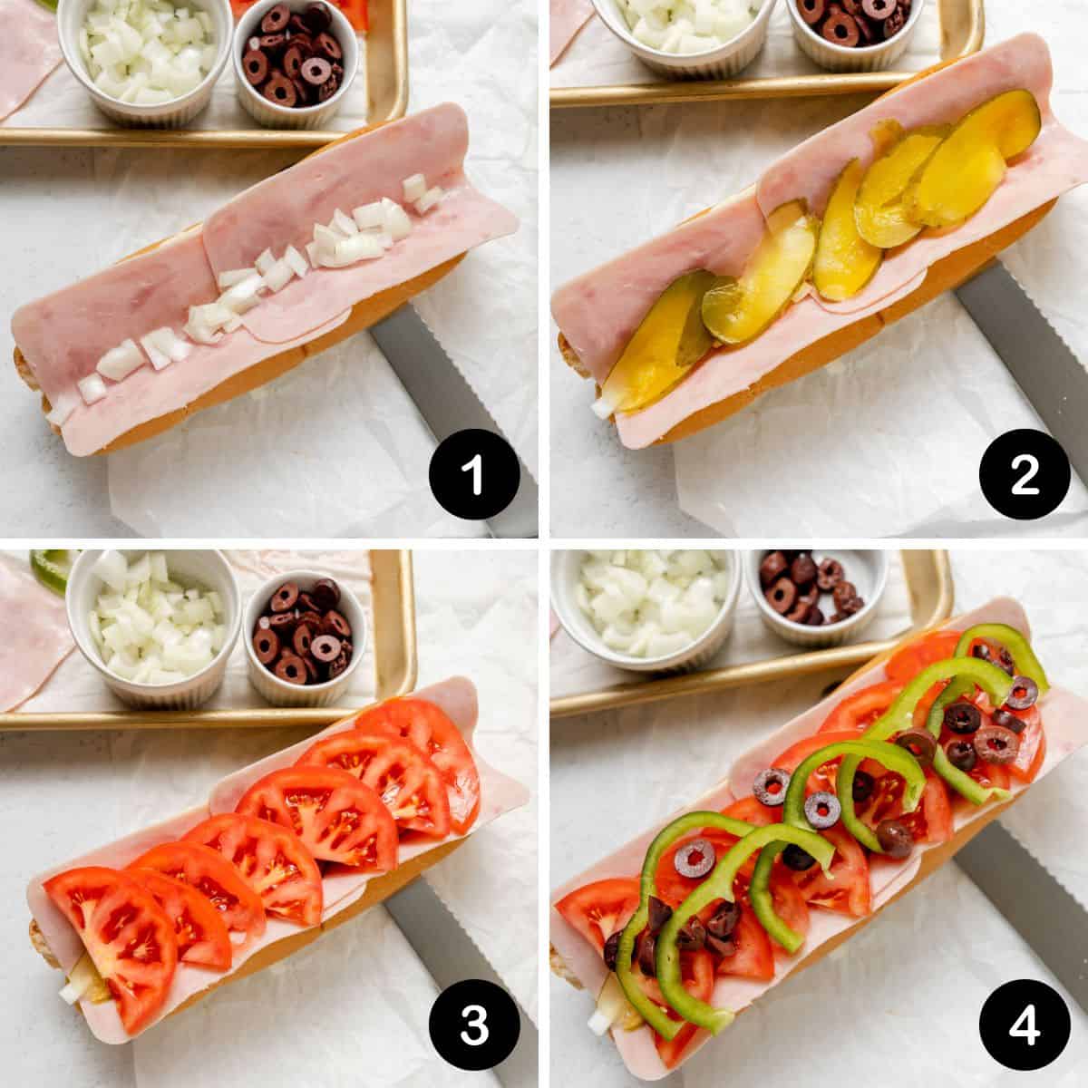 Four-step process of assembling a sandwich with ham, onions, pickles, tomatoes, olives, and green peppers on a hoagie roll, shown in sequential order from 1 to 4.