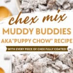 A bowl of Chex Mix Muddy Buddies, also known as Puppy Chow, coated in powdered sugar, with wooden spoons and a smaller bowl of chocolate chips nearby.