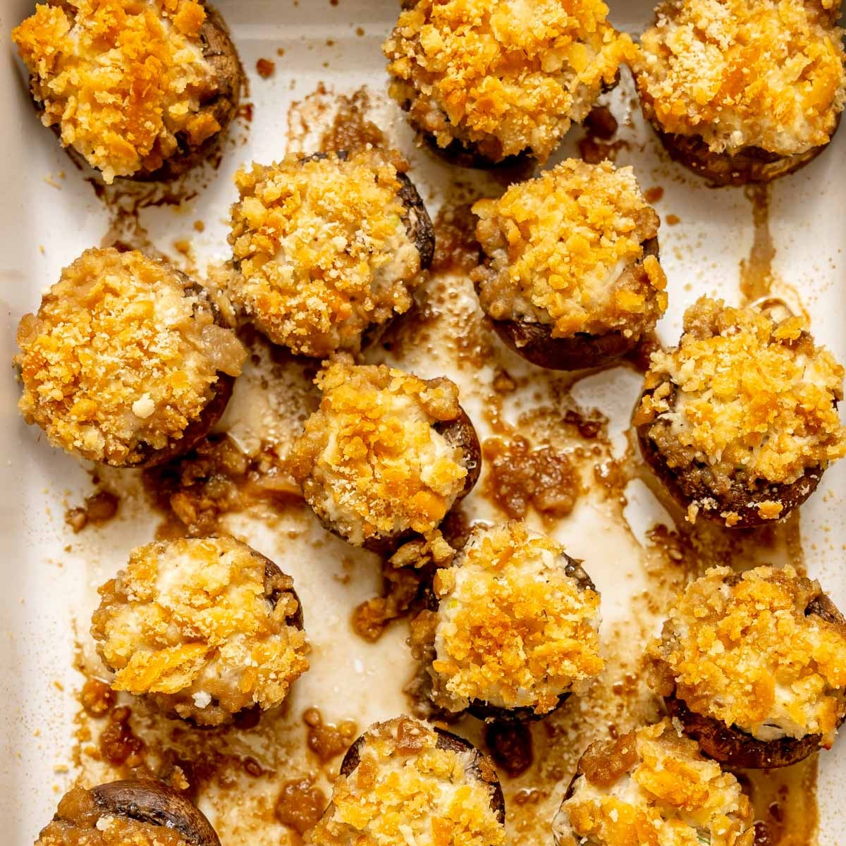 A baking dish filled with mushroom caps stuffed with cream cheese and topped with golden brown breadcrumbs.