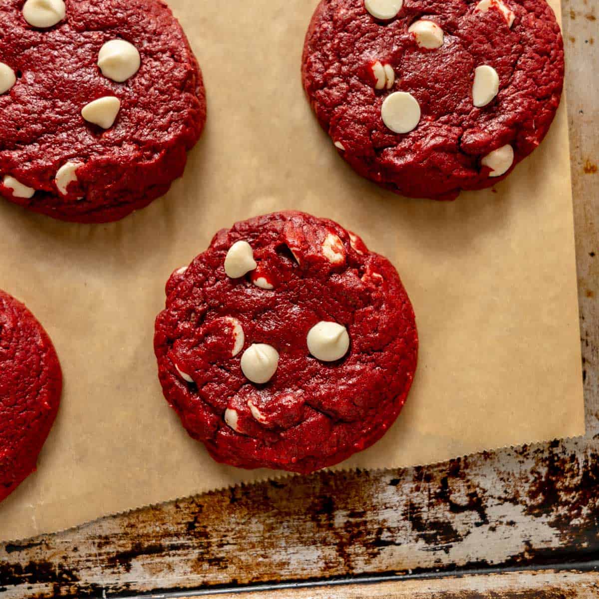 Red velvet cookies with white chocolate chips on a parchment-lined baking sheet.