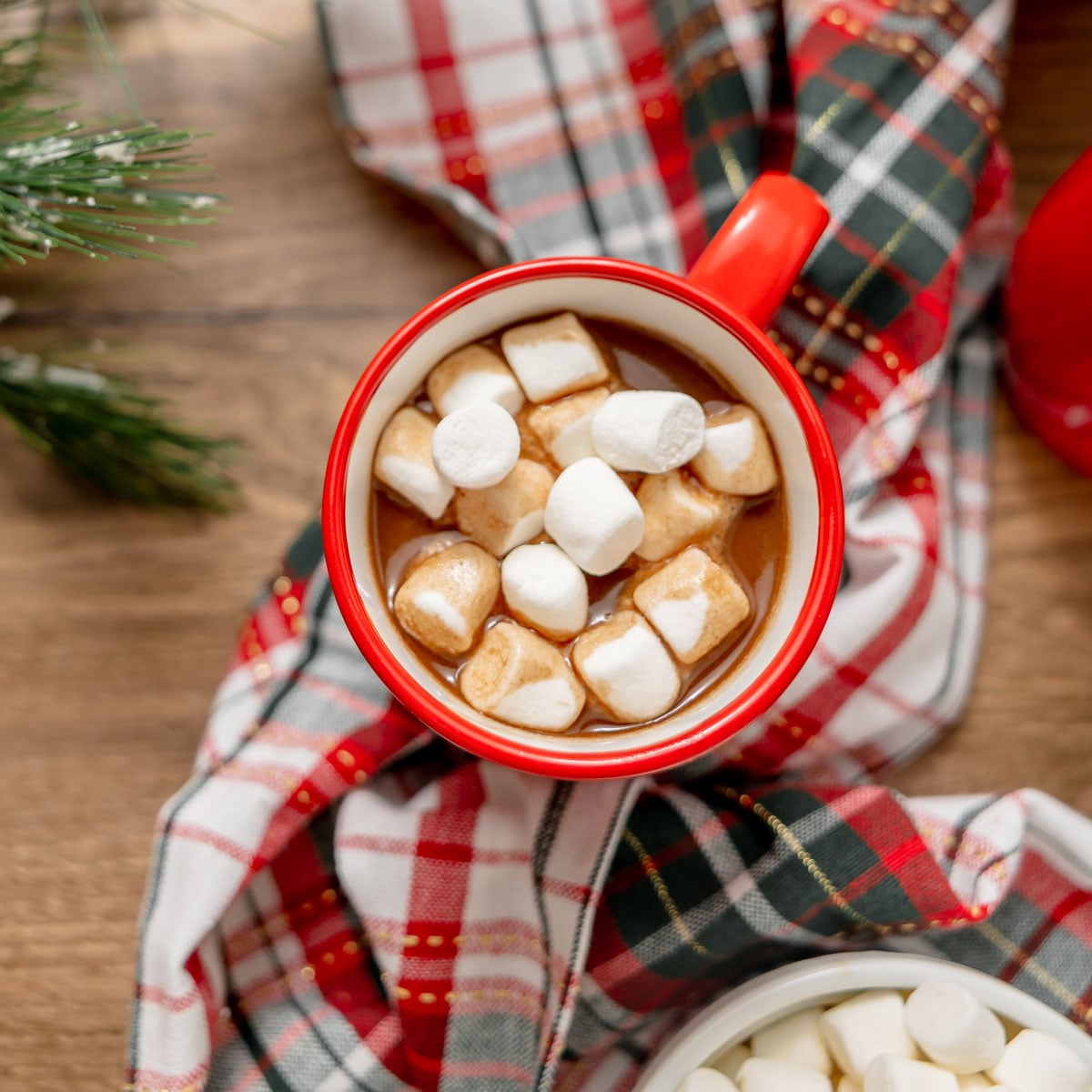 Red mug filled with hot cocoa and marshmallows, resting on a plaid cloth.